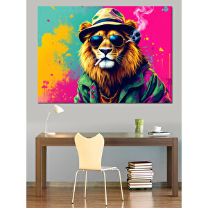 Havalı Gözlüklü Aslan Dekoratif Kanvas - Mdf Ahşap Tablo 50x70 cm