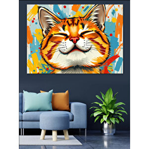 Kedi Gülümseyen Portre Çizim Dekoratif Kanvas - Mdf Ahşap Tablo 100x140 cm