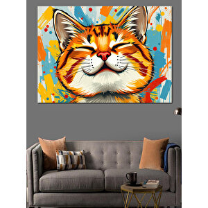 Kedi Gülümseyen Portre Çizim Dekoratif Kanvas - Mdf Ahşap Tablo 100x140 cm