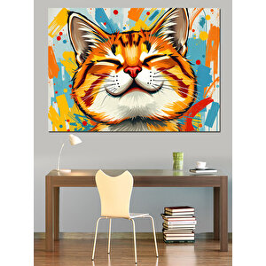 Kedi Gülümseyen Portre Çizim Dekoratif Kanvas - Mdf Ahşap Tablo 100x140 cm