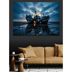Günbatımında Balıkçı Tekneleri Dekoratif Kanvas - Mdf Ahşap Tablo