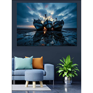 Günbatımında Balıkçı Tekneleri Dekoratif Kanvas - Mdf Ahşap Tablo
