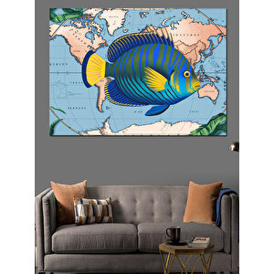 Dünya Haritasında Balık Dekoratif Kanvas - Mdf Ahşap Tablo