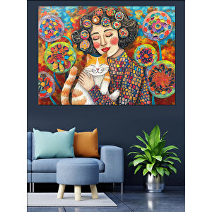 Kediyle Sarılan Kadın Dekoratif Kanvas - Mdf Ahşap Tablo