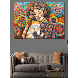 Kediyle Sarılan Kadın Dekoratif Kanvas - Mdf Ahşap Tablo