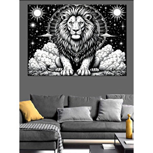 Siyah Beyaz Aslan İllüstrasyonu Dekoratif Kanvas - Mdf Ahşap Tablo 70x100 cm