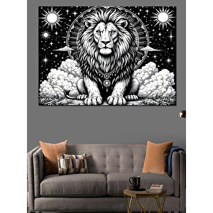 Siyah Beyaz Aslan İllüstrasyonu Dekoratif Kanvas - Mdf Ahşap Tablo