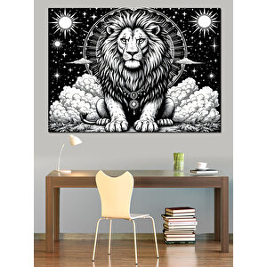 Siyah Beyaz Aslan İllüstrasyonu Dekoratif Kanvas - Mdf Ahşap Tablo