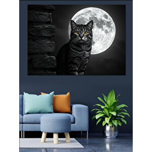 Dolunay Önü Siyah Kedi Dekoratif Kanvas - Mdf Ahşap Tablo 100x140 cm