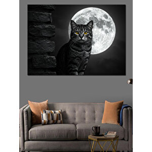 Dolunay Önü Siyah Kedi Dekoratif Kanvas - Mdf Ahşap Tablo 100x140 cm