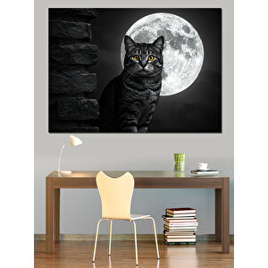 Dolunay Önü Siyah Kedi Dekoratif Kanvas - Mdf Ahşap Tablo 100x140 cm