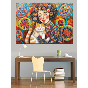 Kediyle Sarılan Kadın Dekoratif Kanvas - Mdf Ahşap Tablo 100x140 cm