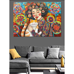 Kediyle Sarılan Kadın Dekoratif Kanvas - Mdf Ahşap Tablo 100x140 cm