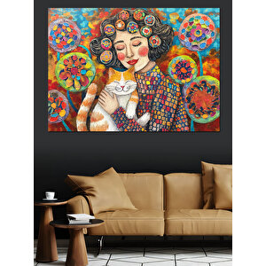 Kediyle Sarılan Kadın Dekoratif Kanvas - Mdf Ahşap Tablo 100x140 cm