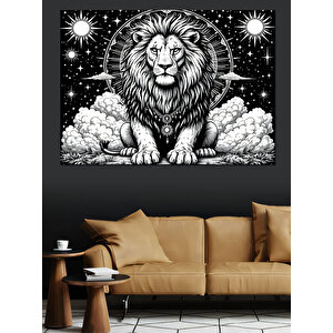Siyah Beyaz Aslan İllüstrasyonu Dekoratif Kanvas - Mdf Ahşap Tablo 50x70 cm