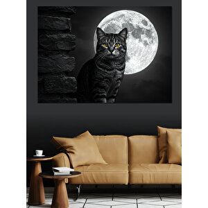 Dolunay Önü Siyah Kedi Dekoratif Kanvas - Mdf Ahşap Tablo