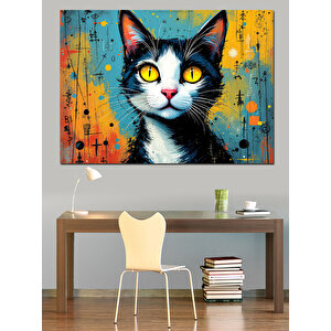 Renkli Gözlü Siyah Kedi Dekoratif Kanvas - Mdf Ahşap Tablo 25x35 cm