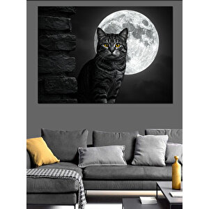 Dolunay Önü Siyah Kedi Dekoratif Kanvas - Mdf Ahşap Tablo
