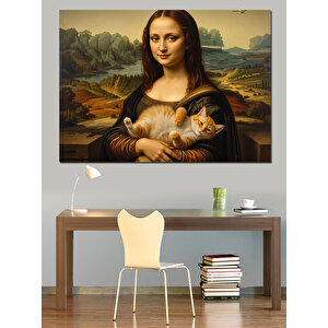 Kedi Tutan Mona Lisa Versiyonu Dekoratif Kanvas - Mdf Ahşap Tablo 35x50 cm