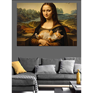 Kedi Tutan Mona Lisa Versiyonu Dekoratif Kanvas - Mdf Ahşap Tablo 35x50 cm