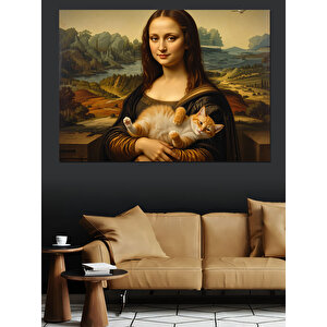 Kedi Tutan Mona Lisa Versiyonu Dekoratif Kanvas - Mdf Ahşap Tablo