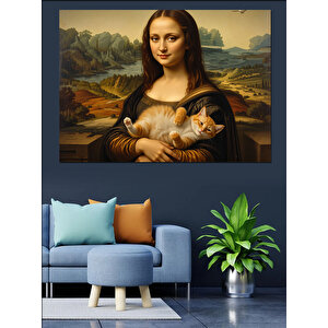 Kedi Tutan Mona Lisa Versiyonu Dekoratif Kanvas - Mdf Ahşap Tablo