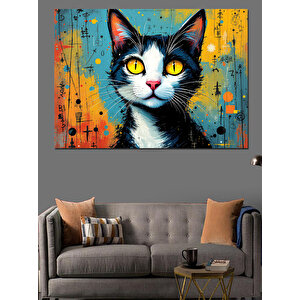Renkli Gözlü Siyah Kedi Dekoratif Kanvas - Mdf Ahşap Tablo 100x140 cm