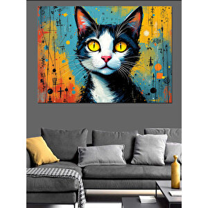 Renkli Gözlü Siyah Kedi Dekoratif Kanvas - Mdf Ahşap Tablo 100x140 cm