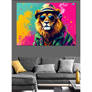 Havalı Gözlüklü Aslan Dekoratif Kanvas - Mdf Ahşap Tablo
