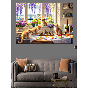 Kedilerle Ve Satranç Dekoratif Kanvas - Mdf Ahşap Tablo 25x35 cm