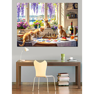 Kedilerle Ve Satranç Dekoratif Kanvas - Mdf Ahşap Tablo 25x35 cm
