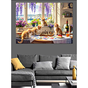 Kedilerle Ve Satranç Dekoratif Kanvas - Mdf Ahşap Tablo 25x35 cm