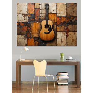 Tahta Zemin Üzerinde Gitar Dekoratif Kanvas - Mdf Ahşap Tablo 35x50 cm