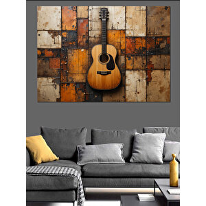 Tahta Zemin Üzerinde Gitar Dekoratif Kanvas - Mdf Ahşap Tablo 35x50 cm