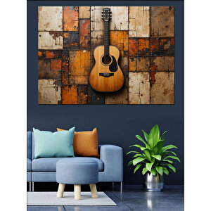 Tahta Zemin Üzerinde Gitar Dekoratif Kanvas - Mdf Ahşap Tablo