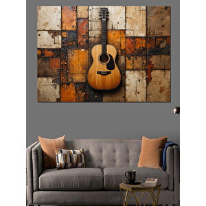Tahta Zemin Üzerinde Gitar Dekoratif Kanvas - Mdf Ahşap Tablo
