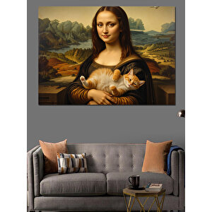 Kedi Tutan Mona Lisa Versiyonu Dekoratif Kanvas - Mdf Ahşap Tablo 100x140 cm