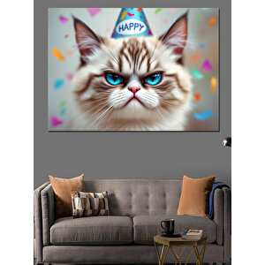 Doğum Günü Tacı Kedisi Dekoratif Kanvas - Mdf Ahşap Tablo