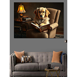 Kitap Okuyan Bilge Köpek Dekoratif Kanvas - Mdf Ahşap Tablo