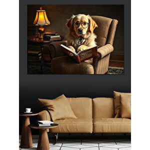 Kitap Okuyan Bilge Köpek Dekoratif Kanvas - Mdf Ahşap Tablo 70x100 cm