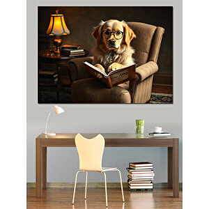 Kitap Okuyan Bilge Köpek Dekoratif Kanvas - Mdf Ahşap Tablo