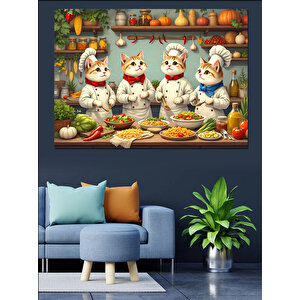 Mutlu Mutfak Kedileri Dekoratif Kanvas - Mdf Ahşap Tablo 70x100 cm