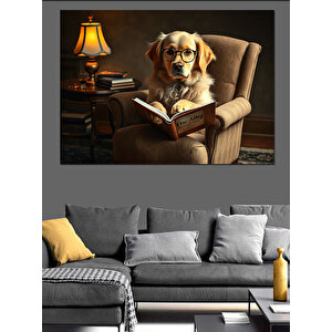 Kitap Okuyan Bilge Köpek Dekoratif Kanvas - Mdf Ahşap Tablo 50x70 cm