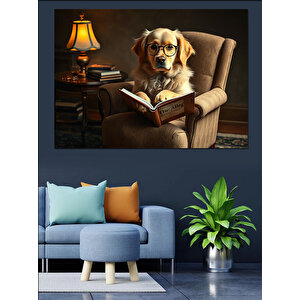 Kitap Okuyan Bilge Köpek Dekoratif Kanvas - Mdf Ahşap Tablo 50x70 cm