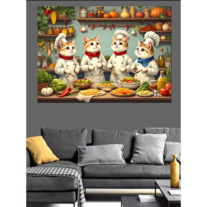 Mutlu Mutfak Kedileri Dekoratif Kanvas - Mdf Ahşap Tablo 50x70 cm