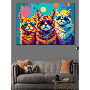 Gözlüklü Renkli Kediler Dekoratif Kanvas - Mdf Ahşap Tablo 50x70 cm