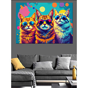 Gözlüklü Renkli Kediler Dekoratif Kanvas - Mdf Ahşap Tablo