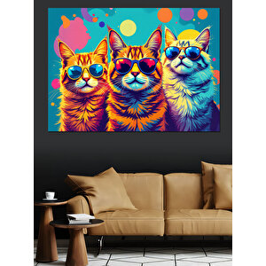 Gözlüklü Renkli Kediler Dekoratif Kanvas - Mdf Ahşap Tablo