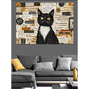 Vintage Gazete Ve Kedi Dekoratif Kanvas - Mdf Ahşap Tablo 100x140 cm