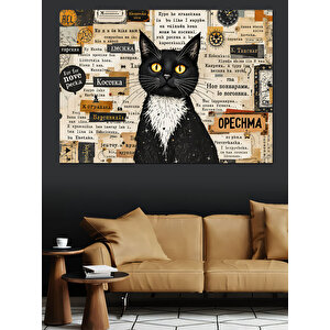 Vintage Gazete Ve Kedi Dekoratif Kanvas - Mdf Ahşap Tablo 100x140 cm